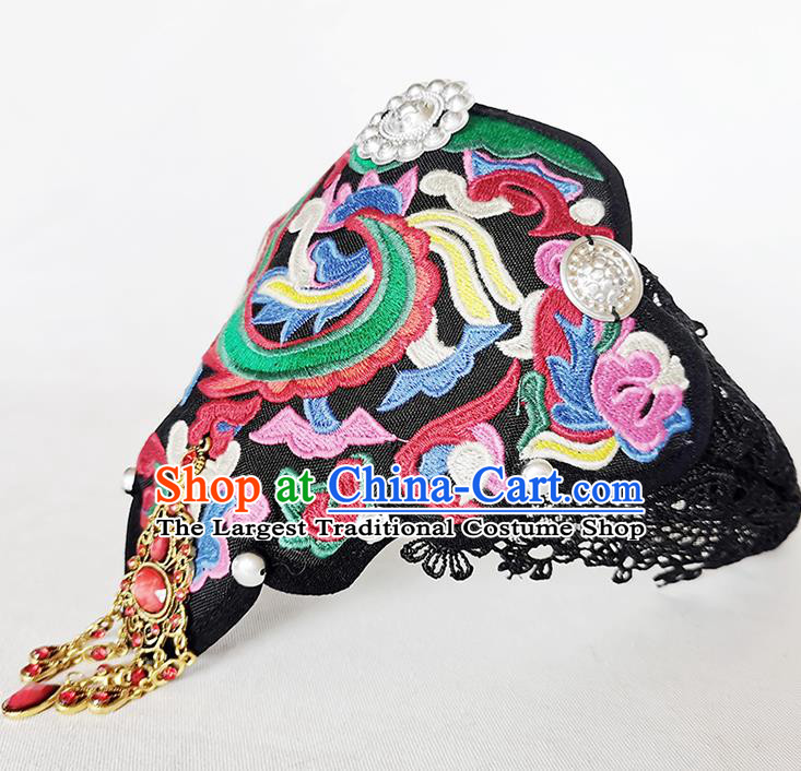 China Yunnan Minority Woman Embroidered Hair Clasp Ethnic Peacock Dance Headwear Handmade Black Cloth Headband