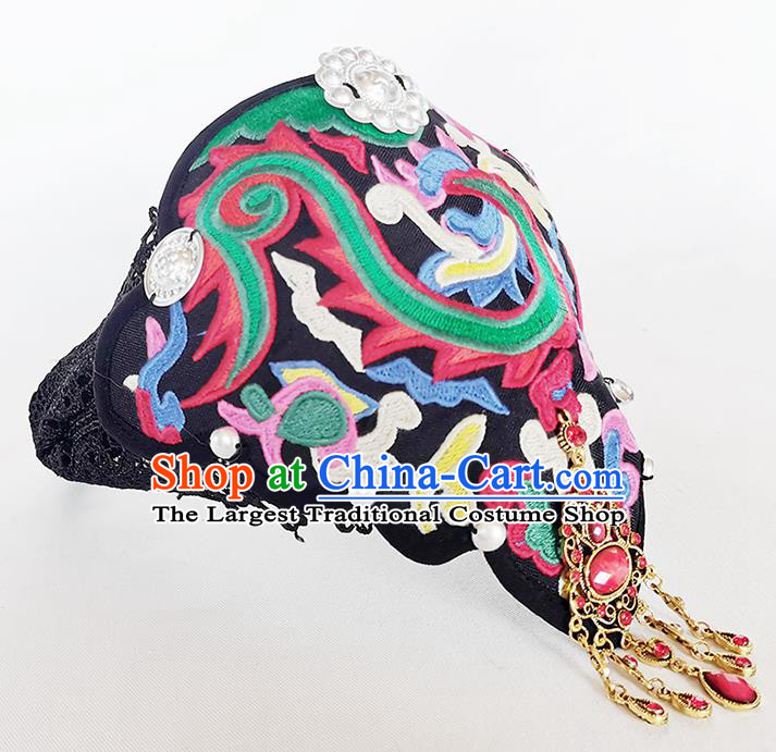 China Yunnan Minority Woman Embroidered Hair Clasp Ethnic Peacock Dance Headwear Handmade Black Cloth Headband