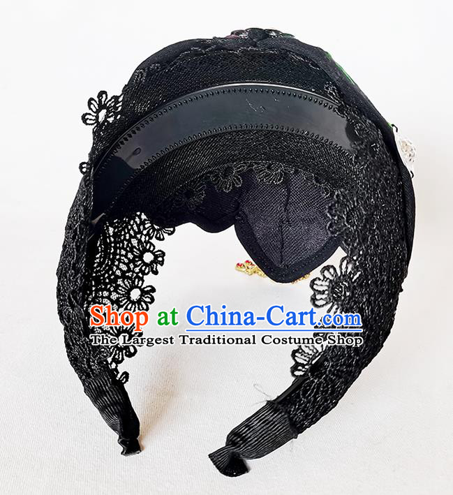 China Yunnan Minority Woman Embroidered Hair Clasp Ethnic Peacock Dance Headwear Handmade Black Cloth Headband