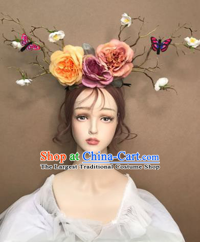 Top Baroque Bride Giant Hair Crown Stage Show Silk Peony Headdress Catwalks Dance Hair Clasp