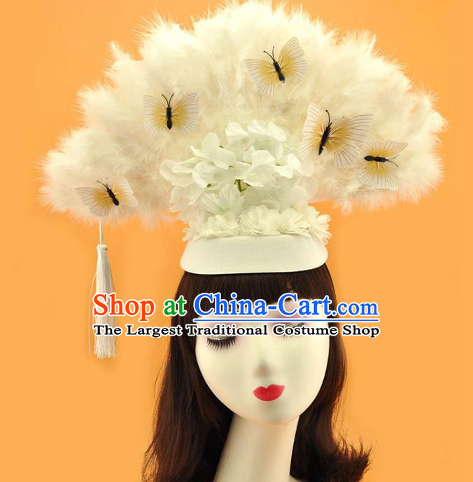Chinese Court White Feather Fan Top Hat Catwalks Deluxe Headdress Stage Show Butterfly Tassel Hair Crown
