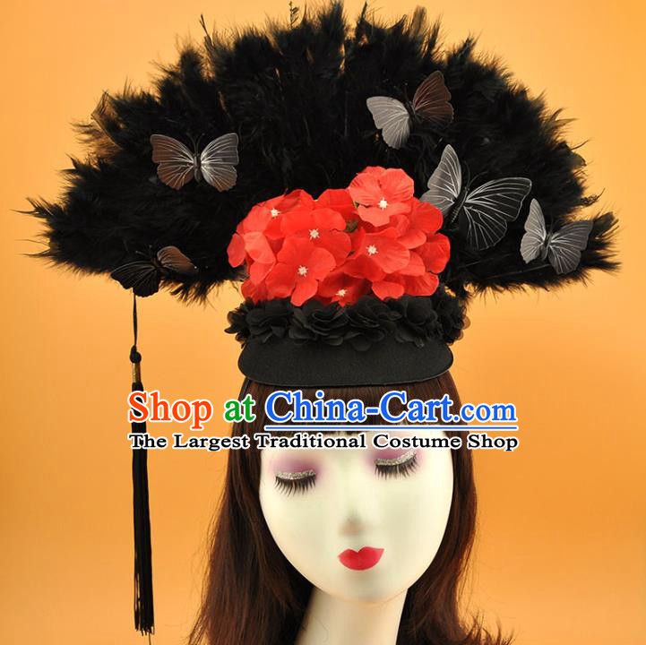Chinese Stage Show Butterfly Tassel Hair Crown Cosplay Court Black Feather Fan Top Hat Catwalks Deluxe Headdress