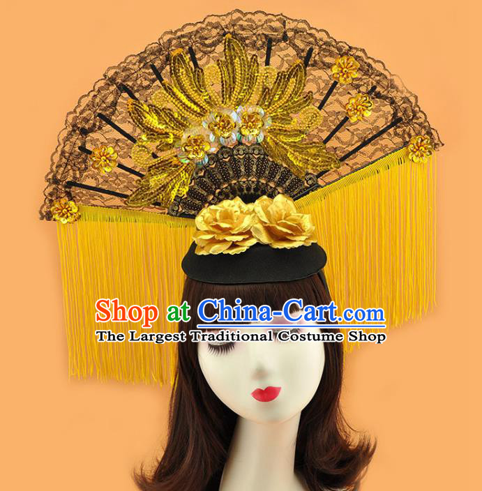 Chinese Cosplay Court Black Lace Fan Top Hat Catwalks Deluxe Yellow Tassel Headdress Stage Show Sequins Hair Crown