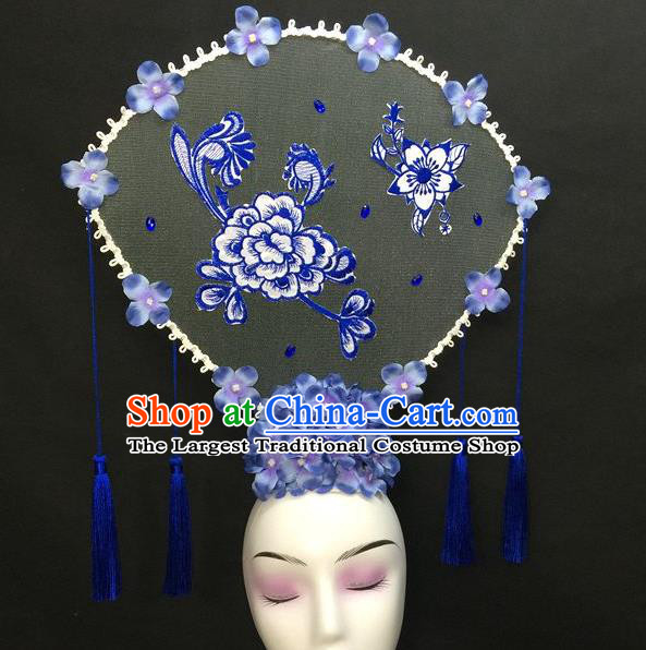 Chinese Qipao Stage Show Large Fan Hair Crown Traditional Court Giant Lilac Flowers Top Hat Handmade Catwalks Deluxe Headwear