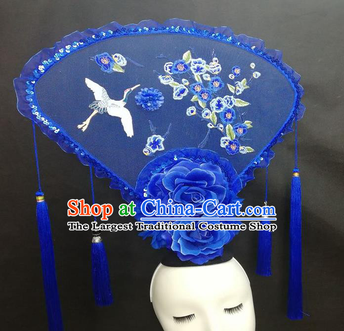 Chinese Cheongsam Catwalks Deluxe Blue Fan Headwear Handmade Fashion Show Giant Hair Crown Traditional Stage Court Embroidered Crane Plum Top Hat