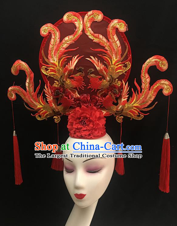 China Cheongsam Show Embroidered Phoenix Hair Crown Court Red Fan Hair Clasp Catwalks Fashion Headdress Handmade Bride Giant Headwear