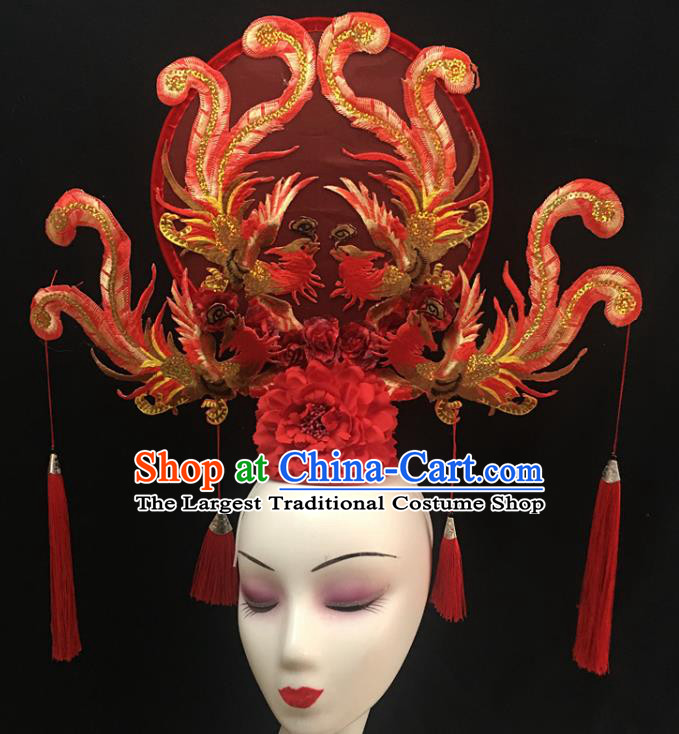 China Cheongsam Show Red Phoenix Hair Crown Court Fan Tassel Hair Clasp Catwalks Fashion Headdress Handmade Bride Giant Headwear