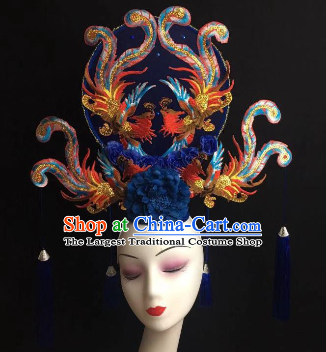 China Handmade Bride Giant Headwear Cheongsam Show Blue Phoenix Hair Crown Court Fan Tassel Hair Clasp Catwalks Fashion Headdress