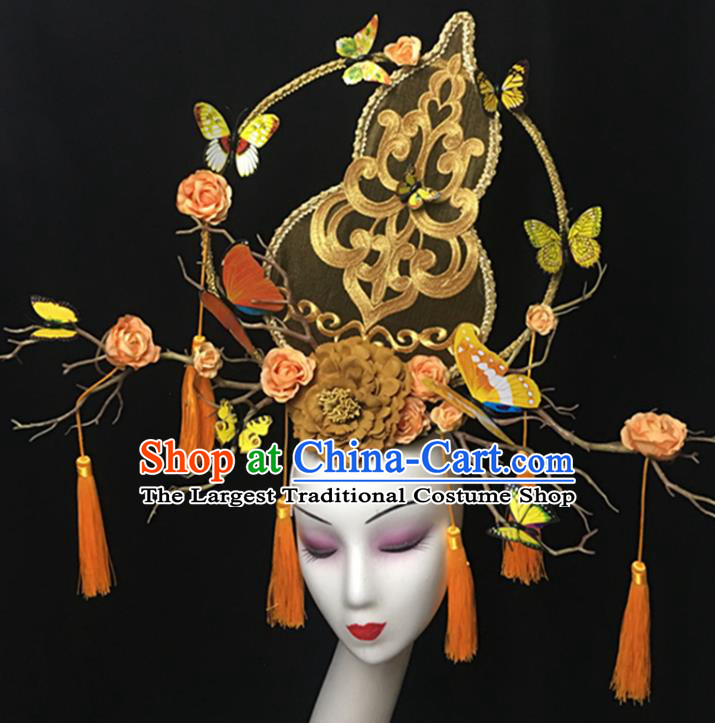 China Cheongsam Show Gold Gourd Hair Crown Court Tassel Hair Clasp Catwalks Giant Headdress Handmade Bride Fashion Headwear