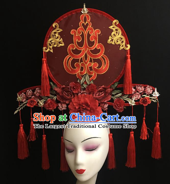 China Handmade Fashion Headwear Cheongsam Show Hair Crown Court Red Fan Tassel Hair Clasp Catwalks Bride Giant Headdress