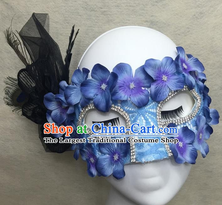 Handmade Rio Carnival Feather Face Mask Halloween Cosplay Blue Flowers Mask Costume Party Blinder Headpiece