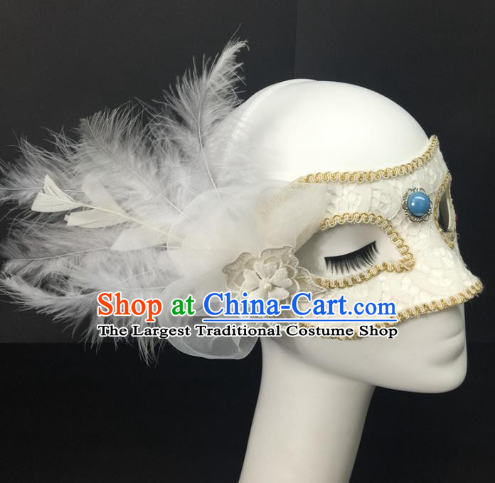 Handmade Rio Carnival White Lace Face Mask Halloween Cosplay Show Feather Mask Costume Party Blinder Headpiece
