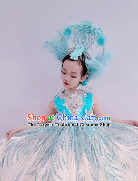 Custom Children Catwalks Garment Costume Girl Princess Stage Show Clothing Brazil Parade Dance Full Dress and Feather Headdress