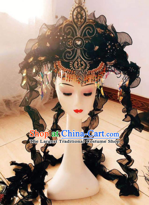 Top Catwalks Black Veil Tassel Royal Crown Baroque Princess Top Hat Brazil Parade Girl Headdress Halloween Cosplay Hair Accessories