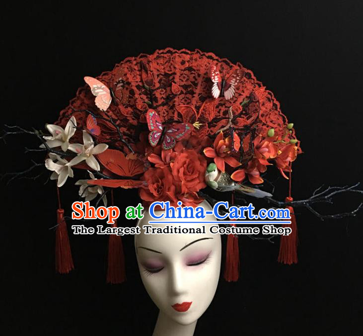 China Handmade Bride Fashion Headwear Qipao Show Hair Crown Court Red Lace Fan Hair Clasp Catwalks Deluxe Headdress