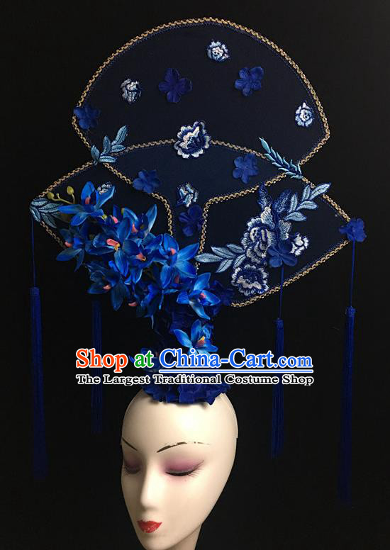 China Handmade Bride Fashion Tassel Headwear Qipao Show Blue Flowers Hair Crown Court Fan Hair Clasp Catwalks Deluxe Headdress