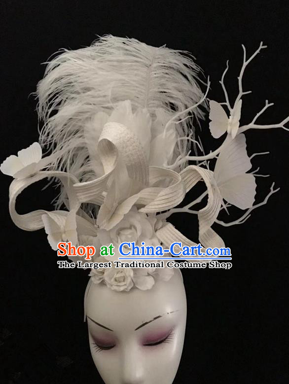 Top Rio Carnival White Feather Hair Clasp Brazil Parade Headdress Halloween Cosplay Hair Accessories Catwalks Butterfly Royal Crown