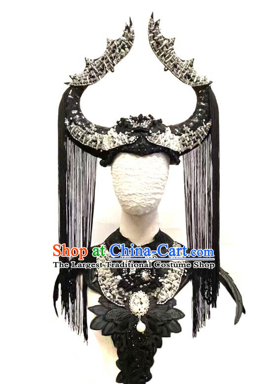 Professional Punk Performance Hair Accessories Halloween Black Tassel Royal Crown Cosplay Ox Horn Rivet Hat