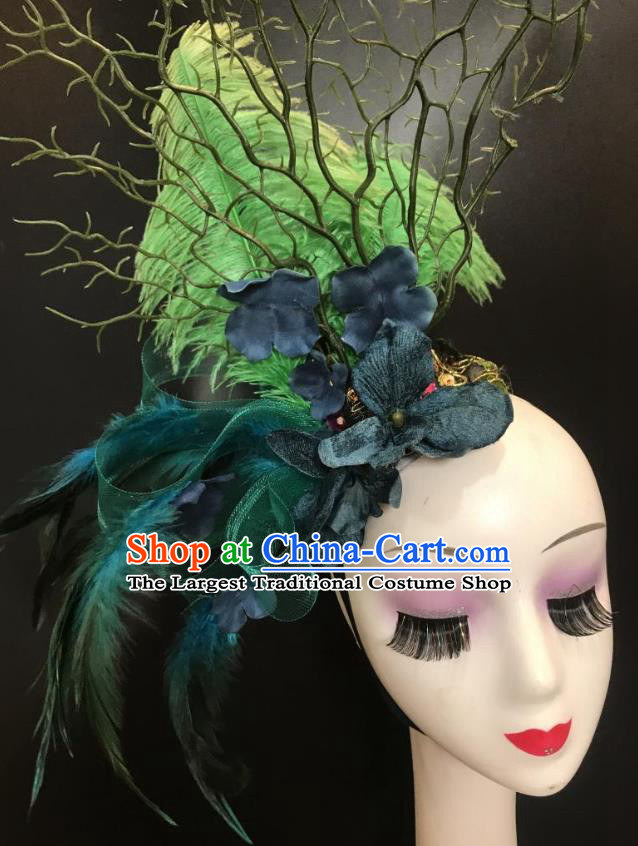 Top Carnival Parade Headdress Baroque Bride Hair Clasp Cosplay Princess Hair Accessories Halloween Catwalks Green Feather Royal Crown