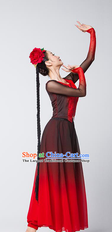 China Uygur Nationality Folk Dance Clothing Xinjiang Ethnic Stage Performance Garments Uyghur Dance Red Dress