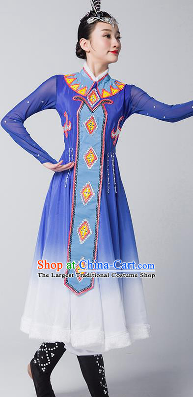 China Mongolian Nationality Folk Dance Clothing Mongol Ethnic Stage Performance Garments Evenki Dance Blue Dress