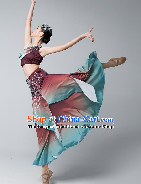 China Peacock Dance Maroon Dress Dai Nationality Folk Dance Clothing Yunnan Ethnic Stage Performance Garments