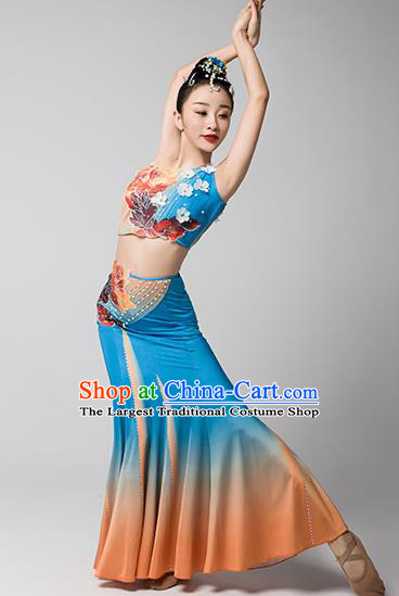 China Yunnan Ethnic Stage Performance Garments Peacock Dance Blue Dress Dai Nationality Folk Dance Clothing