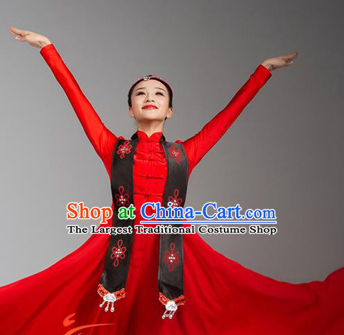 China Ethnic Female Dance Garments Mongolian Minority Folk Dance Red Dress Mongol Nationality Stage Performance Clothing