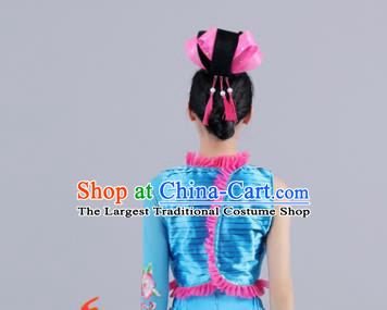 China Female Folk Dance Clothing Jiaozhou Yangko Performance Blue Uniforms Fan Dance Group Dance Garment Costume