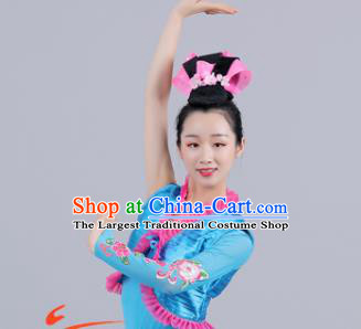China Female Folk Dance Clothing Jiaozhou Yangko Performance Blue Uniforms Fan Dance Group Dance Garment Costume