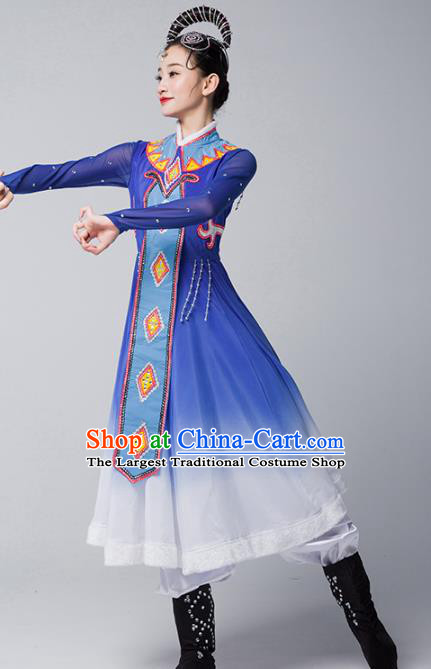 China Ewenki Nationality Stage Performance Clothing Ethnic Female Dance Garments Xinjiang Minority Folk Dance Blue Dress