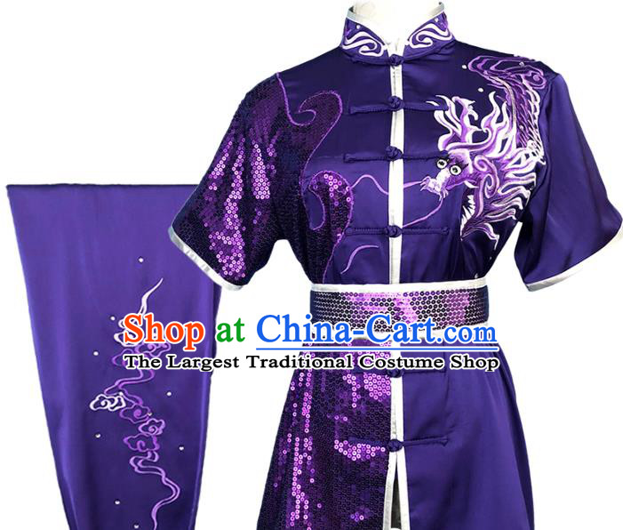 Top Chinese Kung Fu Garment Costume Traditional Martial Arts Competition Clothing Wushu Performance Embroidered Dragon Purple Outfits