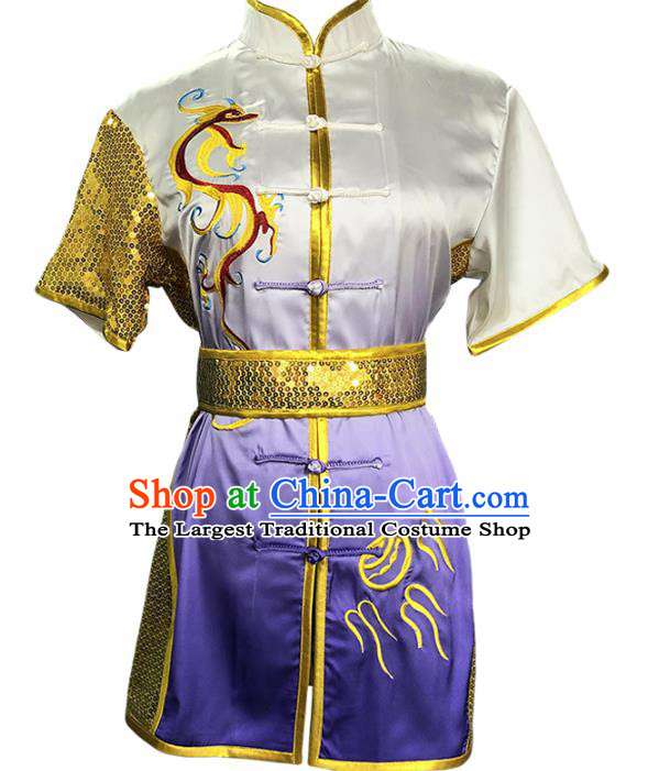China Woman Kung Fu Clothing Martial Arts Embroidered Dragon Gradient Purple Uniforms Wushu Competition Garment Costume