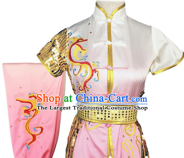 China Wushu Competition Garment Costume Woman Kung Fu Performance Clothing Martial Arts Embroidered Dragon Gradient Pink Uniforms