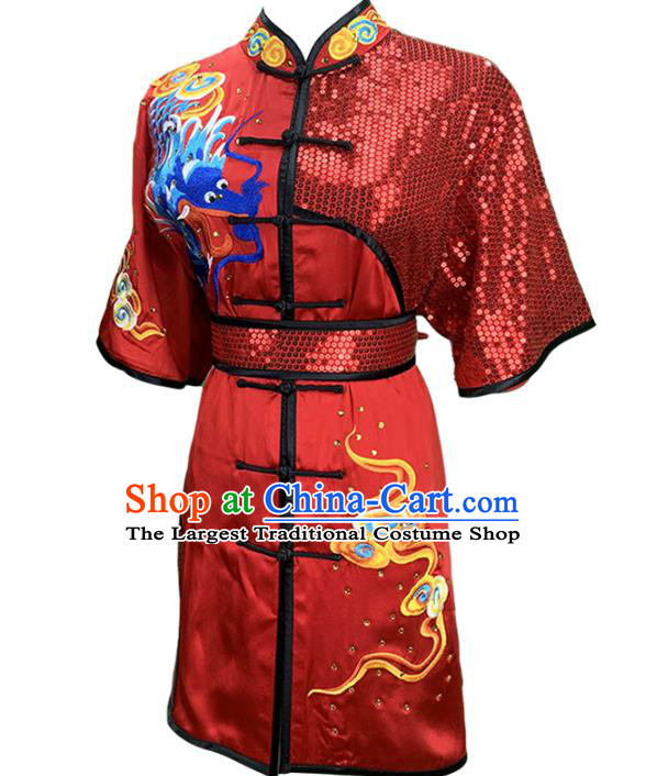 Top Chinese Martial Arts Embroidered Dragon Red Outfits Kung Fu Wushu Performance Clothing Southern Boxing Competition Garment Costumes