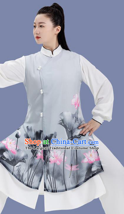 Chinese Tai Chi Competition Clothing Woman Tai Ji Training Garment Costumes Martial Arts Hand Painting Lotus Grey Outfits
