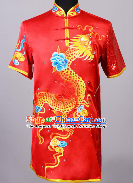 Top China Cudgel Play Garment Costumes Southern Boxing Performance Red Uniforms Martial Arts Competition Clothing Kung Fu Embroidered Apparels