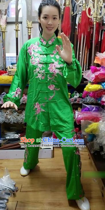 Chinese Wushu Competition Embroidered Flowers Clothing Kung Fu Tai Chi Performance Green Suits Martial Arts Long Sleeve Outfits