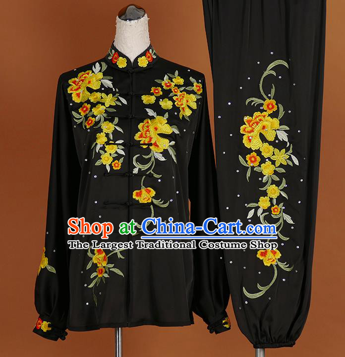 Chinese Martial Arts Long Sleeve Outfits Wushu Competition Embroidered Flowers Clothing Kung Fu Tai Chi Performance Black Suits