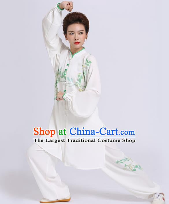 Chinese Martial Arts Printing Flowers White Outfits Kung Fu Tai Ji Competition Clothing Tai Chi Sword Performance Suits