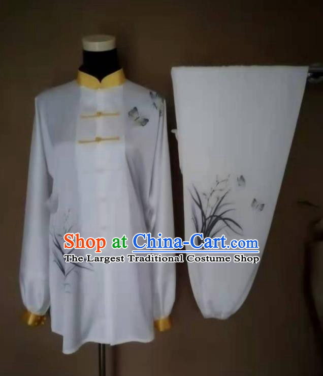 Chinese Martial Arts Competition White Outfits Kung Fu Tai Ji Printing Orchids Clothing Tai Chi Sword Performance Suits