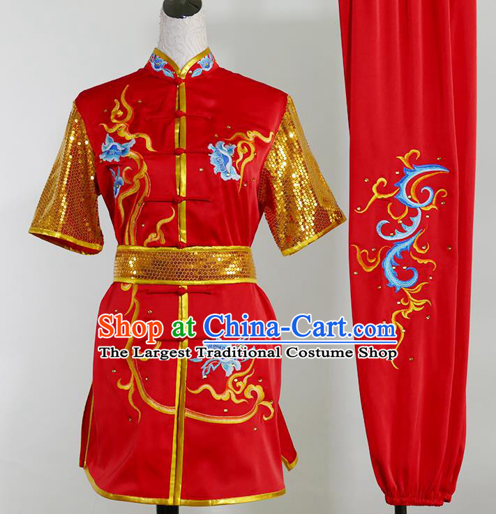 Chinese Martial Arts Embroidered Phoenix Short Sleeve Outfits Wushu Competition Clothing Kung Fu Tai Chi Performance Red Suits