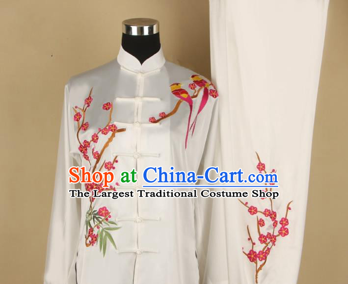 Chinese Kung Fu Tai Ji Training Clothing Tai Chi Performance White Suits Martial Arts Competition Embroidered Plum Outfits