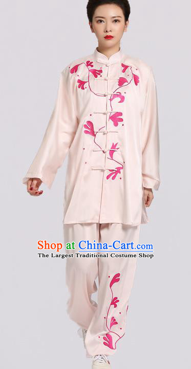 Chinese Tai Chi Competition Light Pink Suits Martial Arts Embroidered Outfits Kung Fu Tai Ji Training Clothing