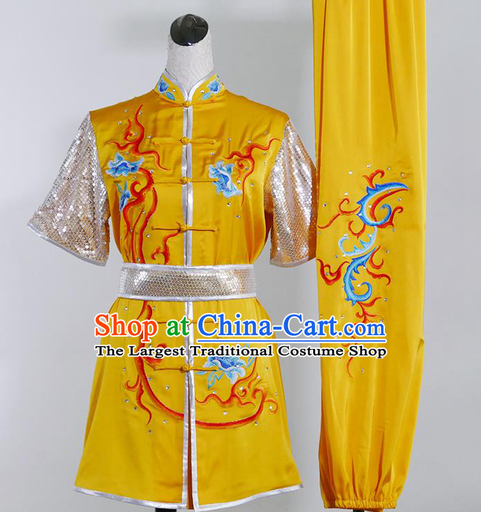 Chinese Kung Fu Tai Chi Performance Yellow Suits Martial Arts Embroidered Phoenix Short Sleeve Outfits Wushu Competition Clothing
