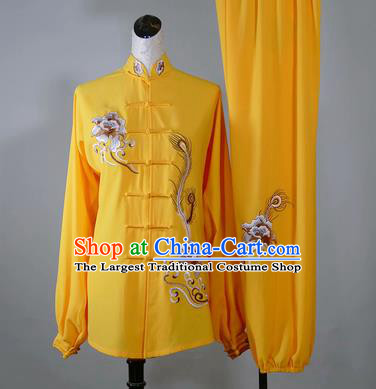 Chinese Tai Chi Performance Yellow Suits Martial Arts Embroidered Peony Outfits Kung Fu Wushu Competition Clothing