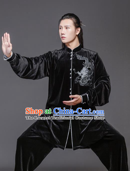 China Tai Chi Garment Costumes Wushu Training Uniforms Martial Arts Clothing Tai Ji Performance Embroidered Dragon Black Velvet Suits