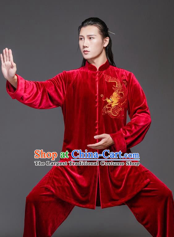 China Tai Ji Performance Embroidered Dragon Red Velvet Suits Tai Chi Garment Costumes Wushu Training Uniforms Martial Arts Clothing