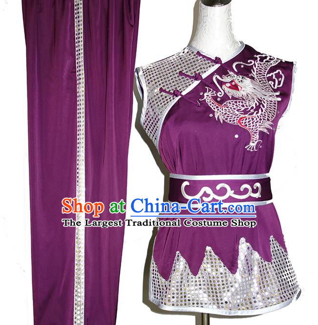 China Nanquan Boxing Training Suits Tai Chi Garment Costumes Wushu Kung Fu Purple Uniforms Martial Arts Embroidered Clothing
