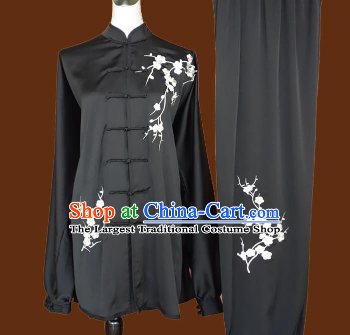 Chinese Tai Chi Garment Costume Kung Fu Wing Chun Competition Suits Martial Arts Embroidered Plum Black Outfits